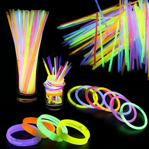 SHATCHI 100 Stück/200 Stück/400 Stück Knicklichter 20,3 cm und Verbindungsstücke, Neonfarben, Set für Armbänder, Ringe, Halsketten, Halloween, Rave, Kostümparty, Requisiten, Taschenfüller, Spielzeug, Gastgeschenke, mehrfarbig, 200 Stück