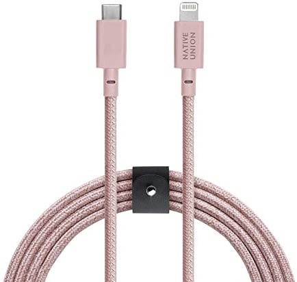 Native Union Belt Cable USB-C to Lightning - 3m (10ft) Ultra-Strong Reinforced Cable [MFi Certified] for iPhone 14, iPhone 14 Plus, iPhone 14 Pro, iPhone 14 Pro Max, iPhone 13 and earlier (Rose)
