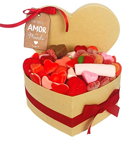 Onza Caja de chucherías, gominolas y chocolates originales para regalar. Cesta con forma de corazón rellena de un surtido de dulces. 1 KG de chuches.