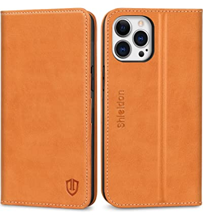 SHIELDON Hülle für iPhone 13 Pro Max Schutzhülle [Rindsleder] [Stoßfest ] [Kartenfach] [Magnetverschluss] [Stand] RFID-Sperre TPU Case Kompatibel mit iPhone 13 Pro Max 6,7 - Braun