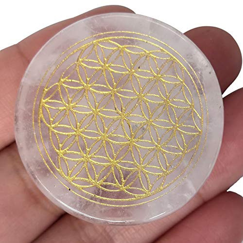 Lovionus89 Pierre naturelle de quartz fleur de vie gravée cristal de guérison équilibre des chakras et générateur d'énergie positive pierre de poche paume 35mm
