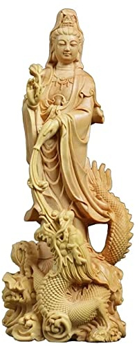 zunibo Quan Yin Statue stehend auf Drache, Kwan Yin Barmherzigkeit Göttin Chinesische Feng Shui Skulptur handgeschnitzter Buchsbaum, weiblicher Buddha, buddhistische Dekoration