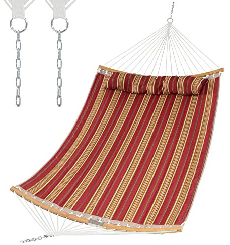 COSTWAY Outdoor Double Folding Hammock with Detachable Pillow and Hanging Straps, Portable Cotton Hammock Seat Swing Bed for Garden Patio Beach Camping (Red+Yellow Stripe, Curved Bamboo Spread Bars)