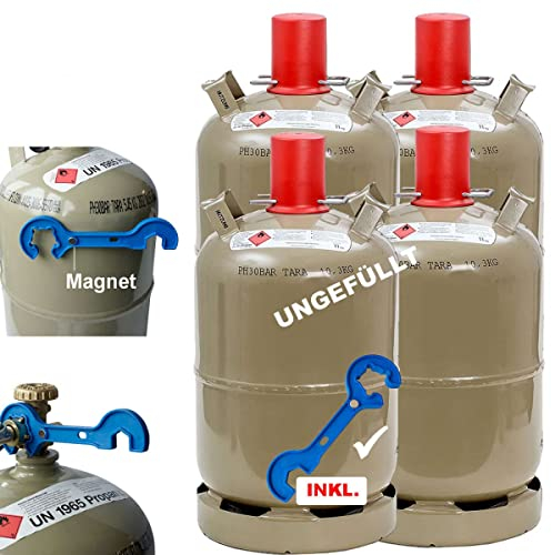 Bluecraft 4X Propan-Gasflasche 11kg grau Neu, leer, inkl. Gasreglerlöser mit Magnet + Schlüssel 17mm für Überwurfmutter 1/4
