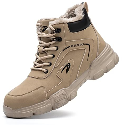 Scarpe Antinfortunistiche Invernali Uomo Donna Scarpe da Lavoro Stivali di Sicurezza Antiscivolo Impermeabili Caldi con Puntale in Acciaio Marrone Cachi 42