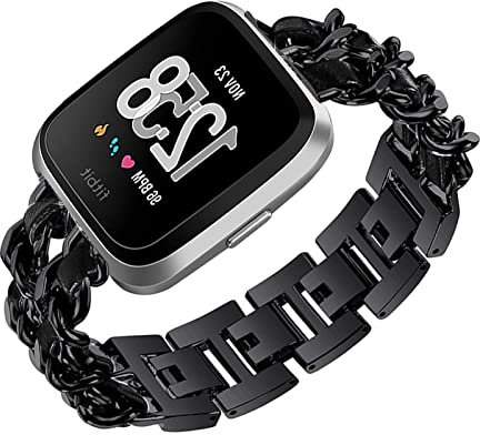 Metall mit Leder Armbänder für Fitbit Sense 2/Versa 4 - Damen Edelstahl Ersatzarmband Kompatibel mit Fitbit (E)