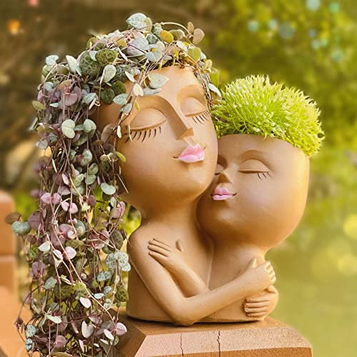 SUQEFAN Fioriere grandi a doppia faccia, per piante da interno, vaso da fiori a forma di teste, vaso da fiori unico con foro di drenaggio per piante grasse all'aperto, regali fai da te per la mamma