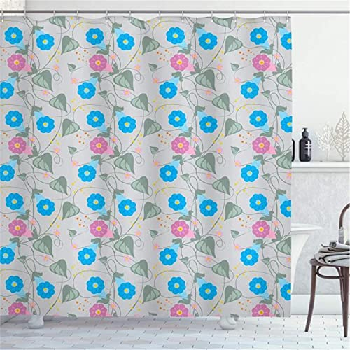 MEKPAM Blumen Duschvorhang Romantischer Morgenruhm Inspiriert Von Windenblumen Kletterpflanze Gartenkonzept Stoff Badezimmer Dekor Set Mit Haken 180x180cm