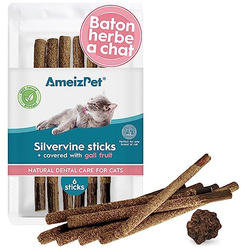 AmeizPet Herbe à Chat Séchée à Mâchonner, Jouet Cataire pour Chaton, Naturelle Baton Herbe Couvert De Galle - Matatabi Jouet Dentaire Chaton - Set De Tiges De Liane à Chat 6 Pcs