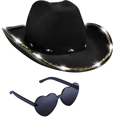 Cowboy Hut für Herren Damen Cowgirl Hut mit Herz Brille LED-Krempe Glitzernd Metallic Hut für Hochzeit Abschlussball Geburtstag Party Halloween Weihnachten Cosplay (Schwarz)