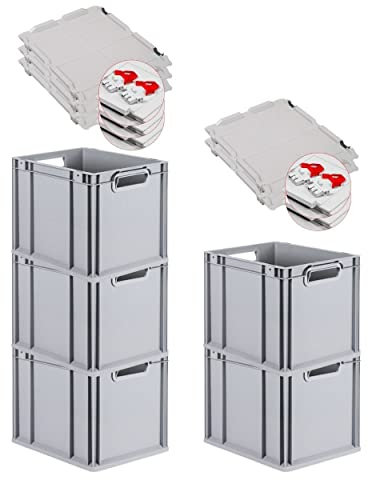 PROREGAL SuperSparSet 5x Eurobox NextGen Grip mit Scharnierdeckel und roten Schiebeschnappverschlüssen, HxBxT 32x30x40cm, 30 L, Grau, Griffe offen, Eurobehälter, Transportbox