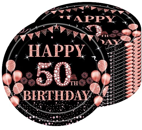 Platos de Papel Para 50 Cumpleaños, 16 Desechables de 23 cm, Negro y Oro Rosa Para Jóvenes y Niñas, Fiestas de Cumpleaños, Happy