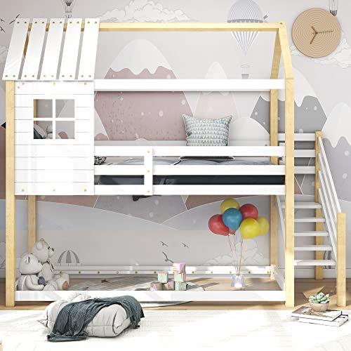 LINTAIZUO Baumhaus Kinderbett, Bett mit Ecktreppe, Hausbett, Kinderbett mit Fallschutz und Gitter, mit Fenster, Rahmen aus Kiefer, weiß+Natur (200x90cm),Woodcolor