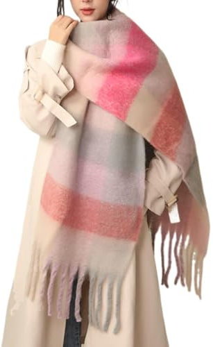 MININAI Dicker Winterschal für Damen, kaltes Wetter, warm, gestrickt, dick, kariert, lang, groß, übergroß, kariert, Rosa und Rosa., Einheitsgröße