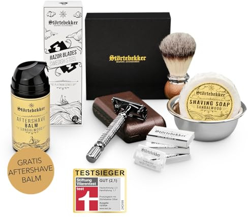 Störtebekker® Premium Anti Hautirritationen Set + Gratis Aftershave - Für eine perfekte Rasur - mit Rasierhobel, Rasierklingen, Rasierpinsel, Rasierschale, Rasierseife, Free After Shave, Geschenkidee