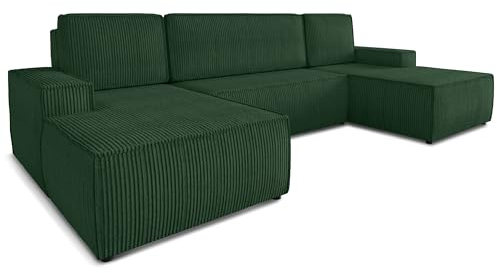 Wohnlandschaft mit Schlaffunktion Totti - U-Form Couch, Schlafsofa mit Bettkasten, Couchgranitur mit Bettfunktion, Big Sofa, Cord Stoff, Wohnzimmer (Grün (Poso 014))