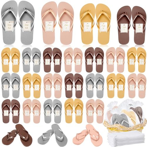 Unittype 24 Paar Flip Flops Bulk für Hochzeit Gäste Hausschuhe Hochzeit Flip Flops mit Karten Taschen für Pool Strand Party, Braun, Rotgold, Gold, Grau, S,M，L，XL