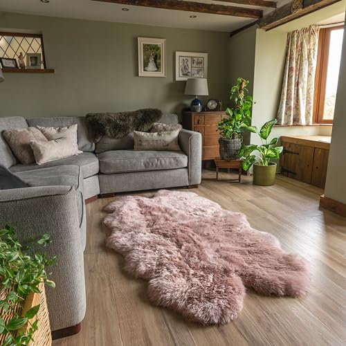 Tapis en peau de mouton véritable et colorée | Grand tapis en peau de mouton extra épais (rose poudré, quadruple 190 x 120 cm)