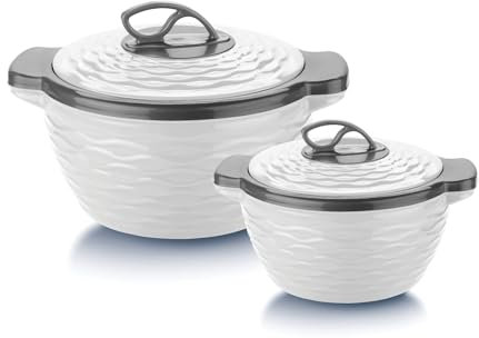 Brook White Thermo Insulated Casserole Set of 2 (1300ml, 2000ml) | PA Free | Food Grade | PU Insulated | Warm & Cold