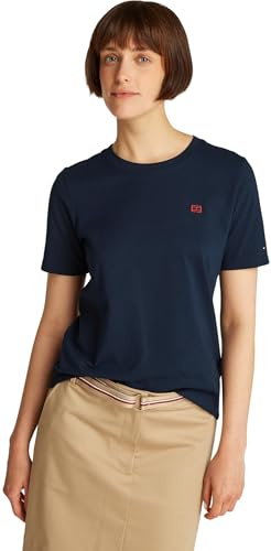 Tommy Hilfiger Damen T-Shirt Kurzarm Contrast Flag Tee mit Rundhalsausschnitt, Blau (Dark Night Navy), S