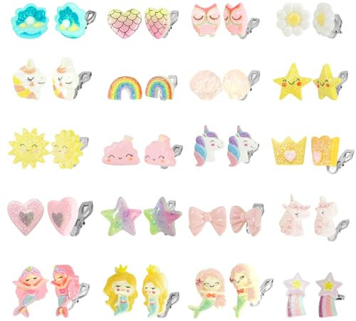 20 Paar Ohrclips Mädchen,Klipp Ohrringe Kinder Mädchen Ohrklipser Kinder Karikatur Ohrringe Zum Klipsen Clip Ohrringe Mädchen Magnet Ohrringe Mädchen, Einhorn-Blumen-Prinzessin-Ohrring Set