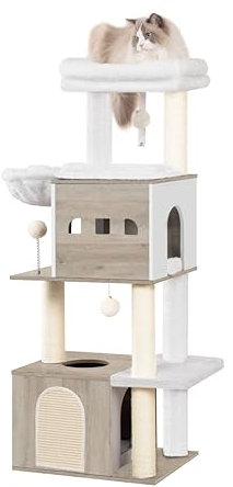 Hzuaneri 130 cm Arbre a Chat, Arbre a Chat Bois, Grande Plateforme, 2 Niches, 4 Griffoirs, Hamac, 3 Pompons, Lvoire Clair MS13205WT