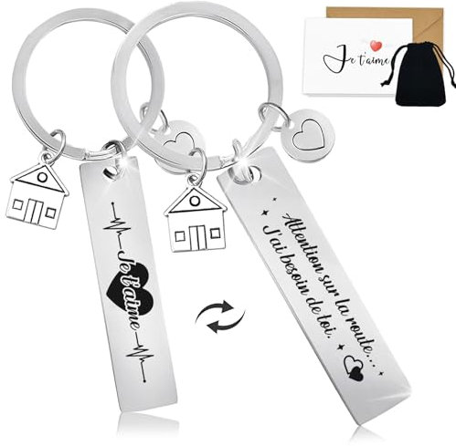 Porte Clef Couple, Voiture Moto Cadeau Saint Valentin pour Homme Femme, Amour Cadeau Couple, Original Porte-clés Voiture Gravé Recto Verso, Idee Cadeau Homme Femme - Attention Sur La Route