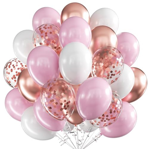 Luftballons Rosa Weiß Roségold, 60 Stück 12 Zoll Latex Metallic Mit Konfetti, Party Ballons für Geburtstag Hochzeit Babyparty Dekoration