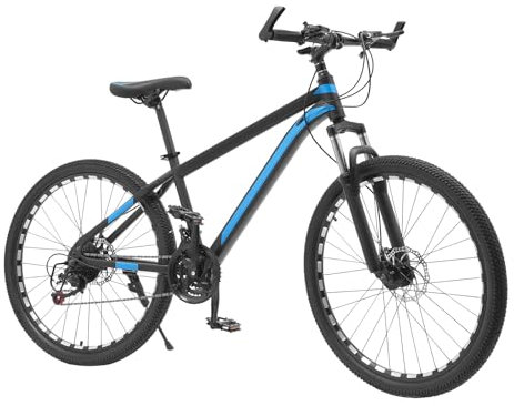 WooDerson 26 Zoll 21-Gang Mountainbike, Kohlenstoffstahl Fahrrad mit Scheibenbremsen vorne und hinten, Einstellbare Höhe, Vollfederung, MTB für Jungen, Mädchen, Damen & Herren (Schwarz+Blau)