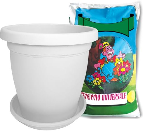 Sicignano | Vaso Verona Rotondo con Sottovaso e Terriccio 2x20lt, Plastica Riciclabile, Fori di Drenaggio, Moderno Classico, Interni Esterni, per Piante Fiori Giardino (Bianco, 50 cm)