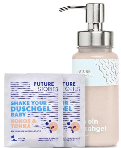 Future Stories Starter Set Duschgel-Pulver mit Pumpspender, Bio-Aloe Vera, vegan, 2er Pack (2x 20 g) Kokos und Tonka