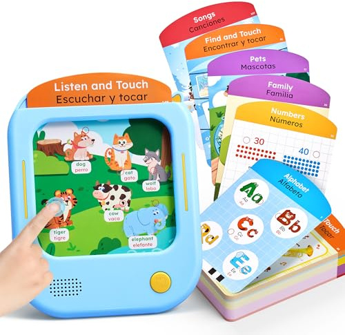 JoyCat Tablet Educativa Infantil, 106 Páginas Tarjetas Flash con 20 Juegos Interactivos, Juguete Montessori para Aprender Letras, Palabras y Números, Regalo Niños 2-6 años (Bilingüe Español–Inglés)