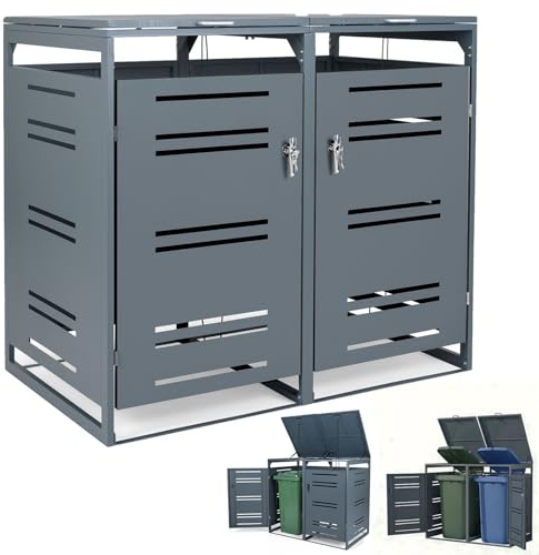 GYMAX Mülltonnenbox 2er, Mülltonnenhaus für 2X Tonnen 120-240 Liter, Mülltonnenverkleidung mit abschließbarer Tür & Gasdruckfeder, Mülltonnenhäusschen, Mülleimerboxen, Aufbewahrungsbox (Grau)