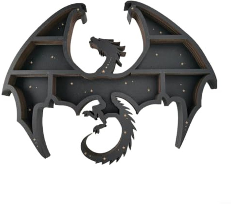 Tidevib Böser Drachen-Dekor-Regal für Wandmontage, Holz-Aufbewahrungskoffer für Edelsteine und Schmuckstücke, Gothic-Zuhause für Akzent, 40 cm, Schwarz