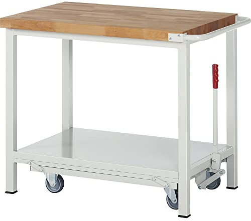 eurokraft | Fahr- und absenkbare Werkbank | Gestellbauweise Serie 8000 | 1 Ablageboden | BxT 1000 x 700 mm