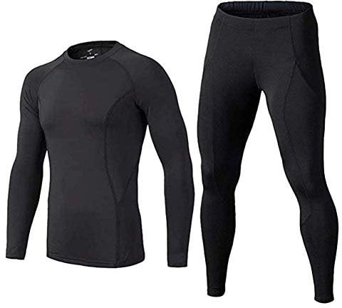 BUYKUD Men's Long Sleeve Base Layer Compression Athletic Underwear Shirt Tights Top & Bottom Set, L(69-71 inch,154-176lb), Black