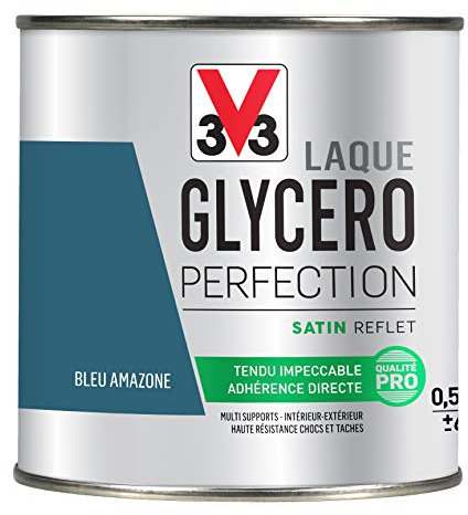 V33 Peinture multi-supports monocouche Laque Glycéro satin, Bleu Amazone, 0,5L