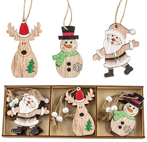 Christbaumschmuck aus Holz, 9 Stück Christbaum-Schmuck, Behang Set aus Holz, Verschiedene Muster zum Aufhängen, Christbaumschmuck in Holzkisten Verpackt und Holzanhänger mit Anhängern Verziert (MZ363)
