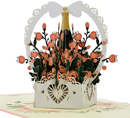 Romantic Rose Wine Basket Pop Up 3D card. Flower Spring Collection. A Delightful surprise greeting card gift for Daughter, Mum, Friend, Granddaughter, Wife, Sister, Grandma. 15cmx15cm.