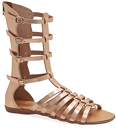 Emmanuela Sandali in pelle Gladiatore fatti a mano Antica Grecia, Sandali alti in vitello con cerniera sullo stinco, cinghia scarpe estive piatte per le donne, Oro rosa, 37 EU