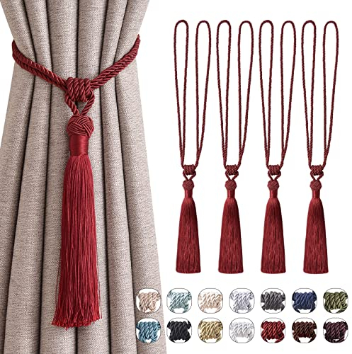 Pretty Jolly Langen Quasten Vorhang-Raffhalter Handmade geflochtene Seil Knoten drapierte Raffhalter Elegante dekorative Vorhanghalter für Zuhause und Büro, Rot, 4 Stück