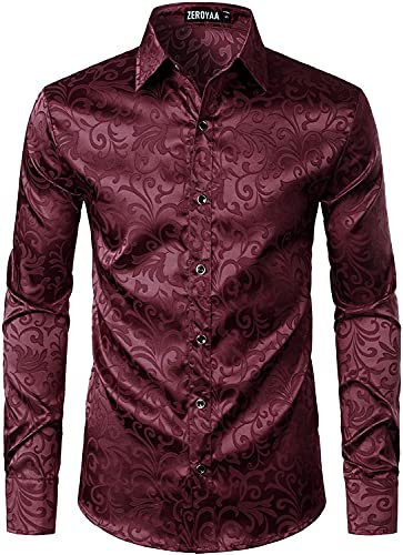 PARKLEES Men's Luxury Jacquard Long Sleeve Dress Shirt Slim Fit Satin Slik Like Floral Printend Shirts for Wedding Party Prom Maroon XXL