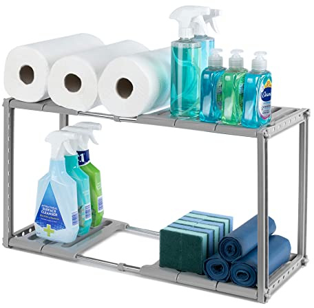 LIVIVO Under Sink Storage Caddy – Adjustable & Extendable Shelf Organiser for Kitchen, Bathroom or Utility – Multi-Purpose Cabinet Rack for Cleaning Products, Toiletries, and Accessories (Grey)