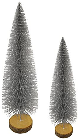2X Metall Tannenbaum Silber | Tanne auf Holzscheibe | Weihnachtsdeko 33-43 cm