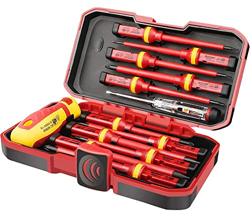 Ticarus Vde Lot de 13 Tournevis Isolés CR-V Haute Tension 1000V Magnétique Phillips Fente Torx Tournevis Durable Outil manuel, Kit D'outils de Réparation D'électricien
