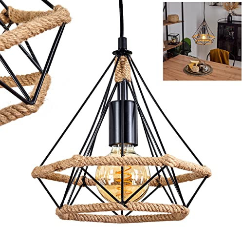 Hängeleuchte Riekje, Vintage Pendelleuchte aus Metall/Hanfseil in Schwarz/Natur, Leuchte im Retro-Design mit Schirm in Gitter-Optik, Ø 25cm, Höhe max. 120 cm, 1-flammig, E27-Fassung, ohne Leuchtmittel