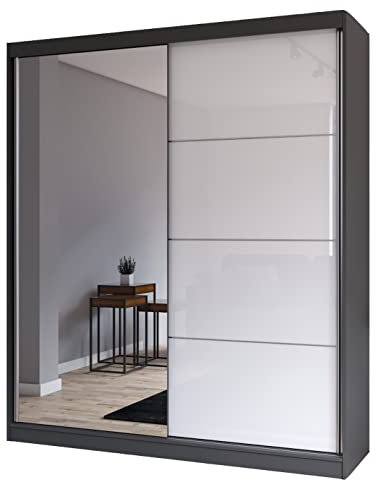 Fabryka Mebli Idźczak Kleiderschrank mit Spiegel, Schiebetüren - Schwebetürenschrank, Schlafzimmerschrank - 61 x 203 x 218 cm- Schrank für Schlafzimmer, Ankleidezimmer, Garderobe, Grau/Weiß
