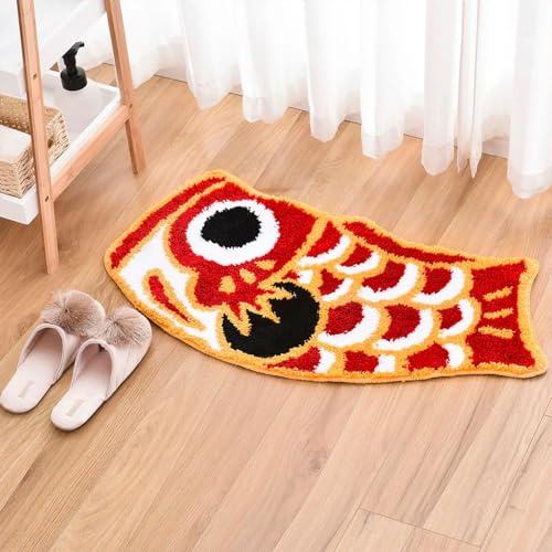Feblilac Cute Bath Rug Mat, Red Fish Soft Non-Slip Bathroom Rugs, Japanese Koi Shape Decor Floor Carpet, Funny Absorbent Bathtub Mats for Shower 17.7x33.5