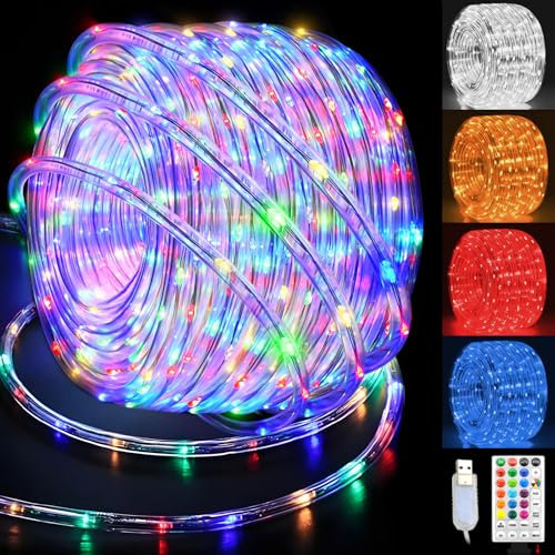 GLPE LED Rope Lights Outdoor with USB Powered, 66ft 200 LED String Lights Indoor Waterproof, Tube Lights with 16 Color Changing, Fairy Lights for Outside Christmas, Garden, Party,Camping