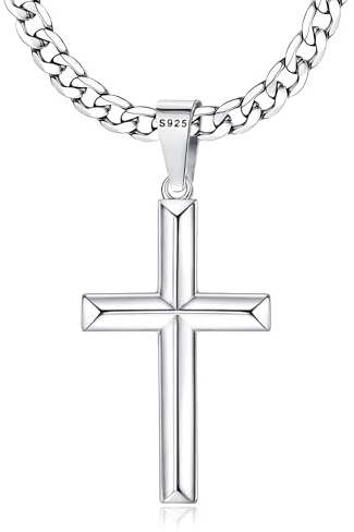 Roheafer 925 Sterling Silver Cross Necklace for Men With Stainless Steel Silver Cuban Chain Cross Pendant Necklace for women Religious Gifts Jewellery 18 20 22 24 26 30